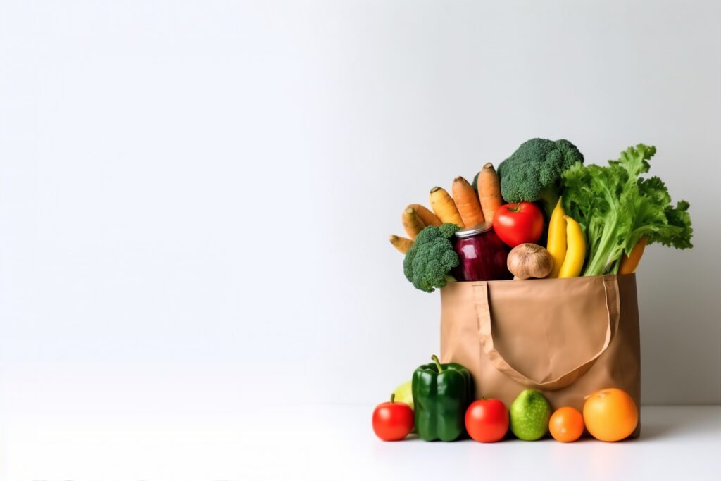 Delivery healthy food background. Vegan vegetarian food in paper bag vegetables and fruits on white, copy space, banner.Grocery shopping food supermarket and clean vegan eating concept.generative ai.
