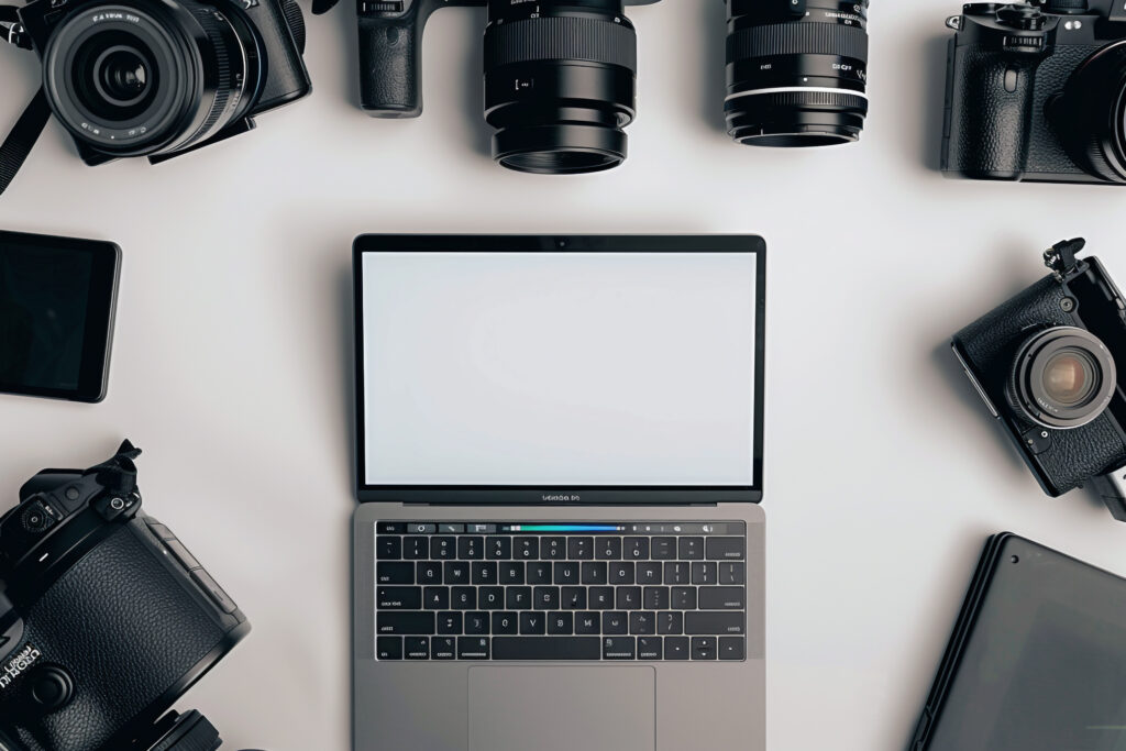 Laptop Mockup Background Surrounded by Camera Gear